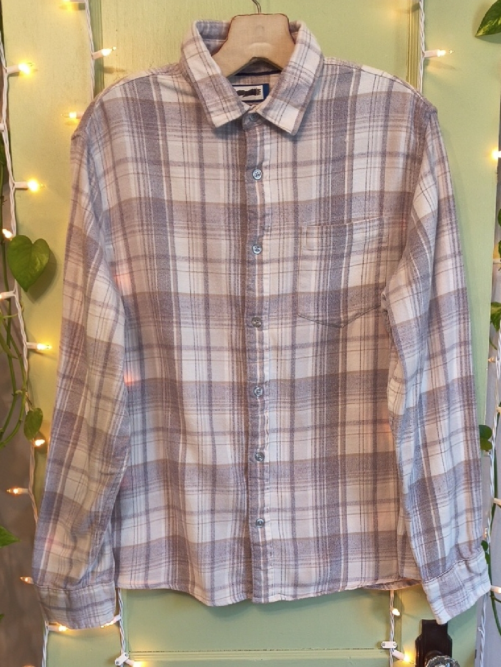 Women's Flannel Plaid Beige Cream Button Up Standard Fit L